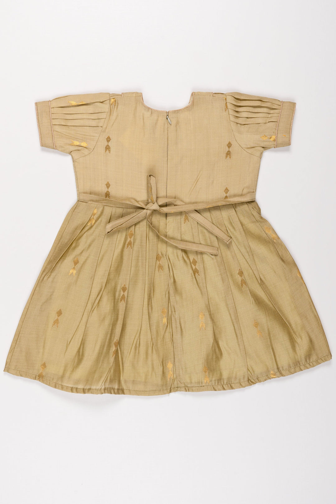 The Nesavu Girls Cotton Frock Sage Splendor Puff Sleeve Dress: Girls' Festive Frock with Golden Accents Nesavu Elegant Sage Green Girls Dress with Gold Motifs | Traditional Puff Sleeve Frock | The Nesavu