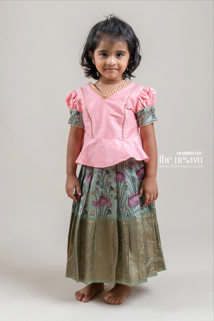 The Nesavu Pattu Pavadai Salmon Pink Silk Blouse N Green Floral Printed Pattu Pavadai for Girls Nesavu Premium Pattu pavadai |Banarasi Border for Girls | The Nesavu