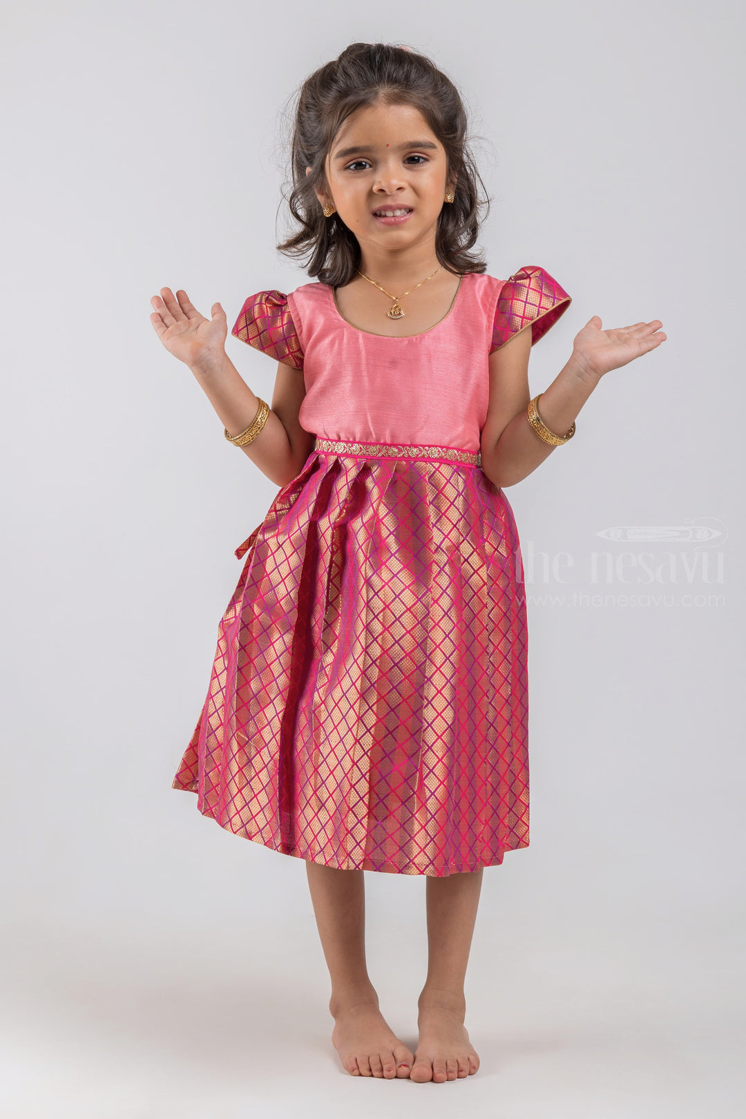 The Nesavu Silk Embroidered Frock Salmon Pink Yoke and Knife Pleated Zari with Geometrical Designer Pink Silk Frock for Girls psr silks Nesavu 16 (1Y) / Pink / Semi Silk SF635