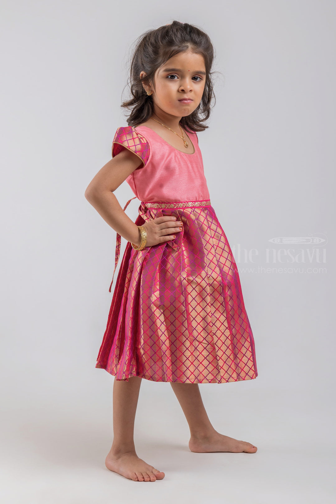 The Nesavu Silk Embroidered Frock Salmon Pink Yoke and Knife Pleated Zari with Geometrical Designer Pink Silk Frock for Girls psr silks Nesavu