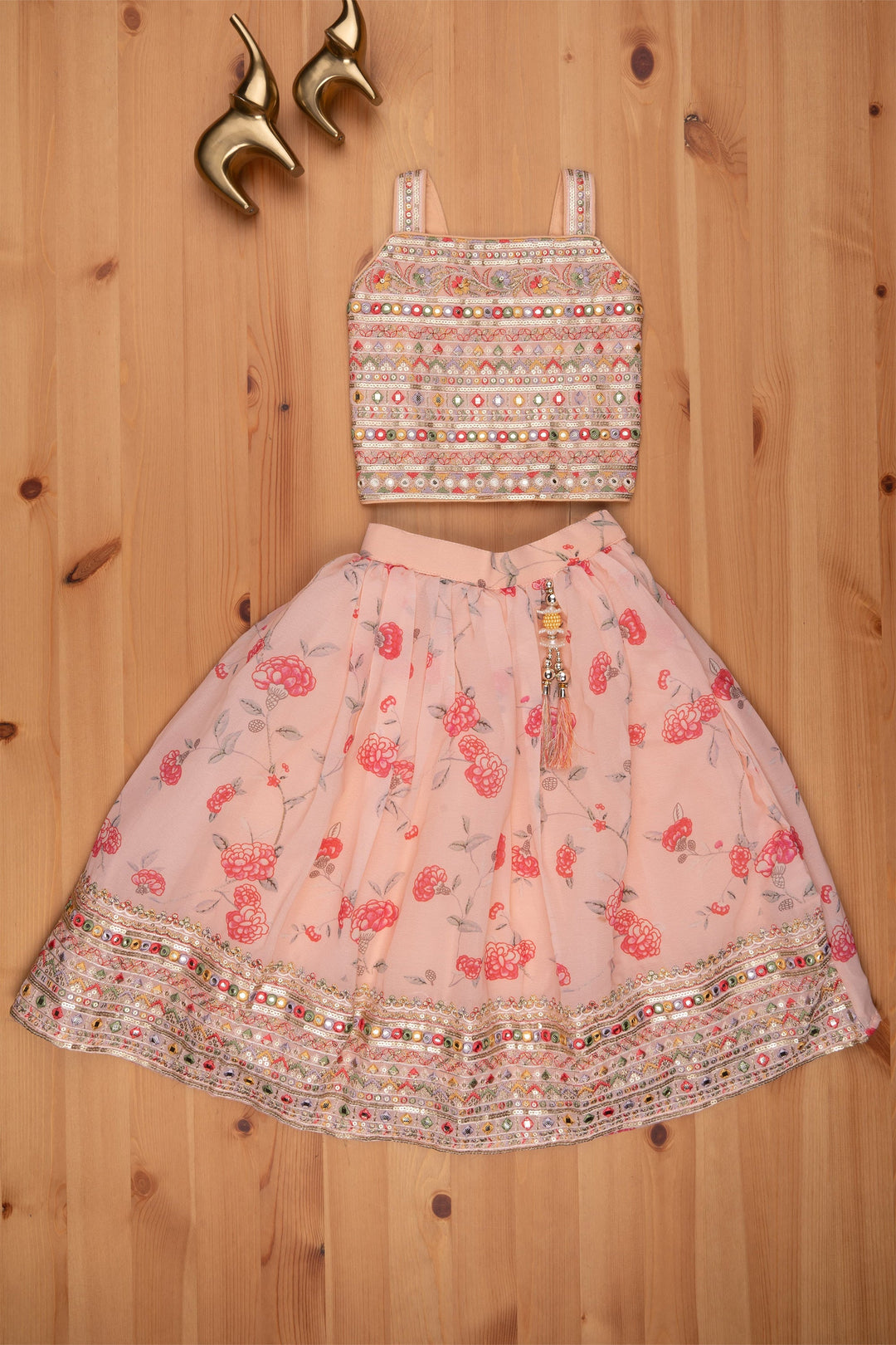 The Nesavu Lehenga & Ghagra Salmon Shimmer: Mirror-Floral Lehenga Top & Embroidered Skirt for Girls Nesavu Mirror embroidered Design | Latest Lehenga Choli for Girls | The Nesavu