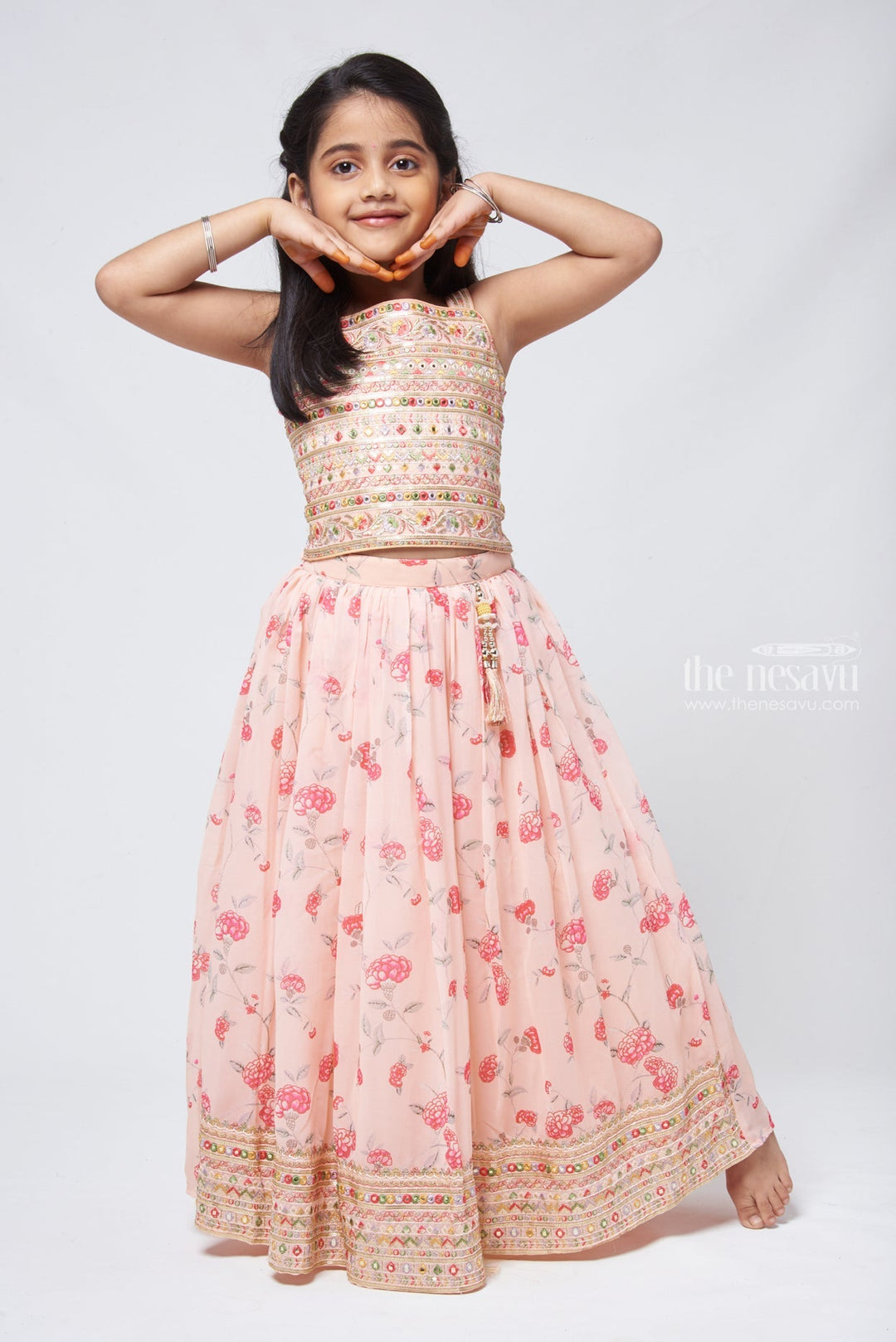 The Nesavu Lehenga & Ghagra Salmon Shimmer: Mirror-Floral Lehenga Top & Embroidered Skirt for Girls Nesavu Mirror embroidered Design | Latest Lehenga Choli for Girls | The Nesavu