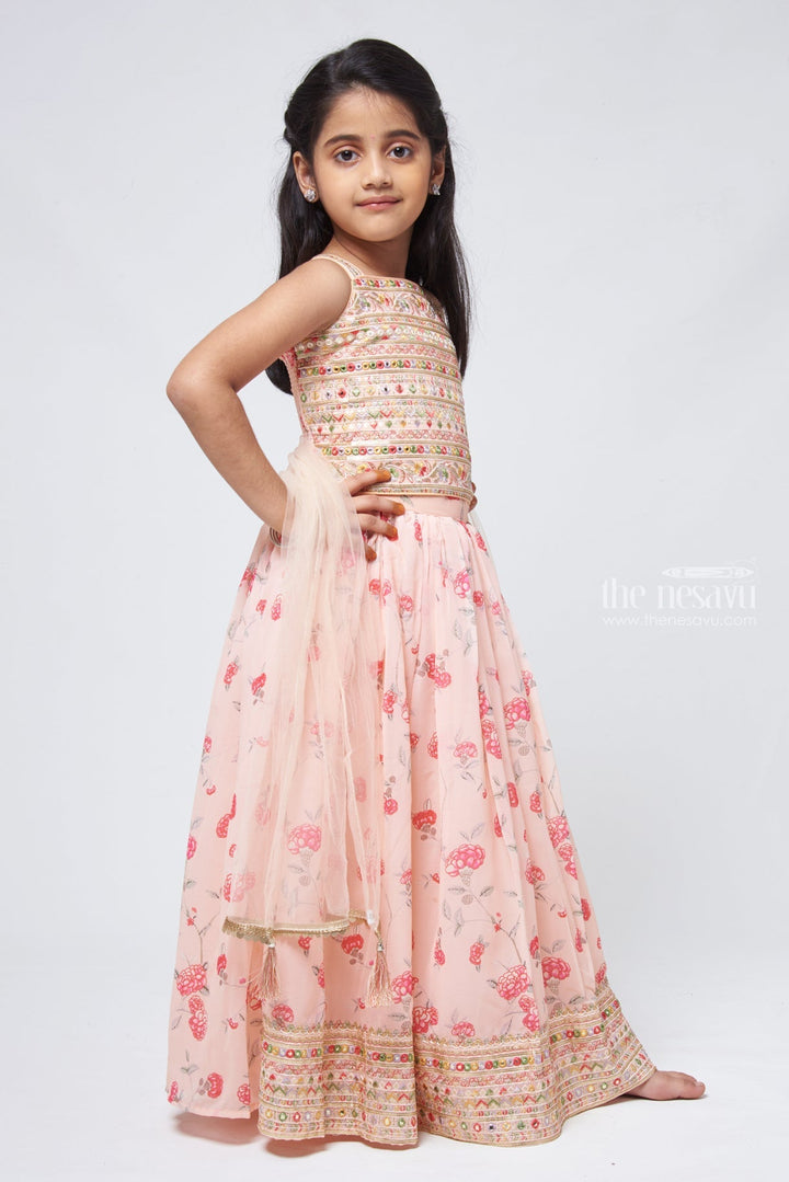 The Nesavu Lehenga & Ghagra Salmon Shimmer: Mirror-Floral Lehenga Top & Embroidered Skirt for Girls Nesavu Mirror embroidered Design | Latest Lehenga Choli for Girls | The Nesavu