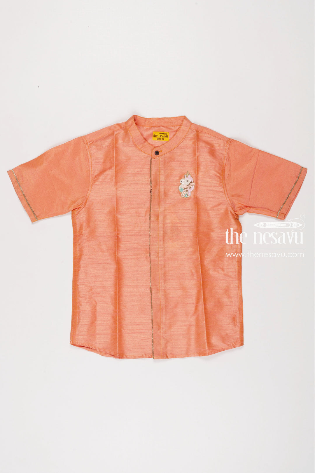 The Nesavu Boys Silk Shirt Salmon Silk Kids Boys Shirt with Elegant Horse Motif Nesavu 16 (1Y) / Salmon / Blend Silk BS109A-16 Boys Silk Shirt | Traditional Elephant Design | The Nesavu Collection