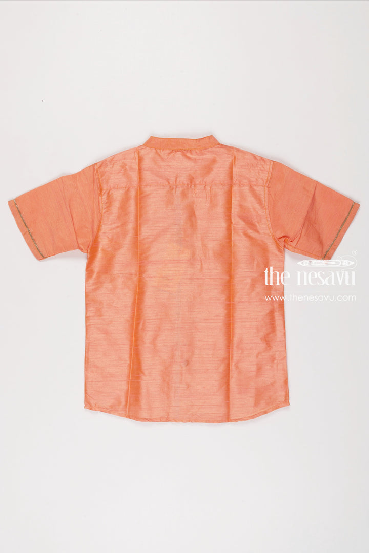 The Nesavu Boys Silk Shirt Salmon Silk Kids Boys Shirt with Elegant Horse Motif Nesavu Boys Silk Shirt | Traditional Elephant Design | The Nesavu Collection