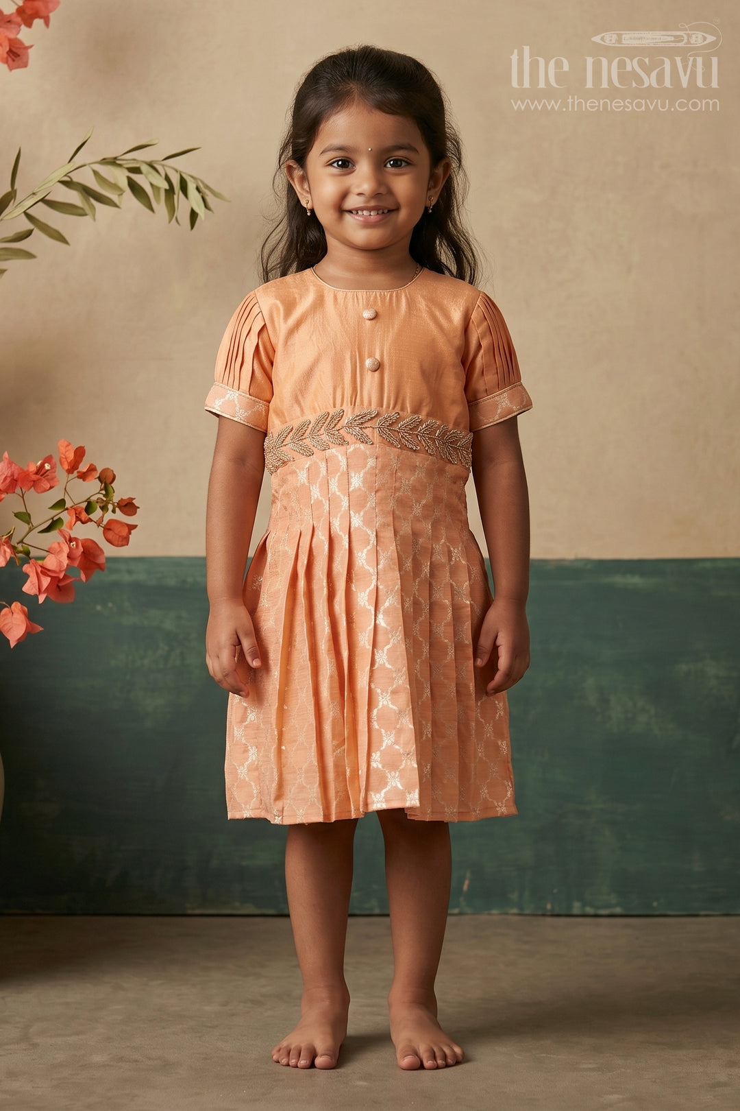 The Nesavu Silk Frock Salmon Traditional Silk Frock with Stone & Beads Embellishmentfestive Elegance Collection Nesavu 18 (2Y) / Peach / Chanderi SF716C-18 Traditional Silk Frock with Stone & Beads Embellishment | The Nesavu