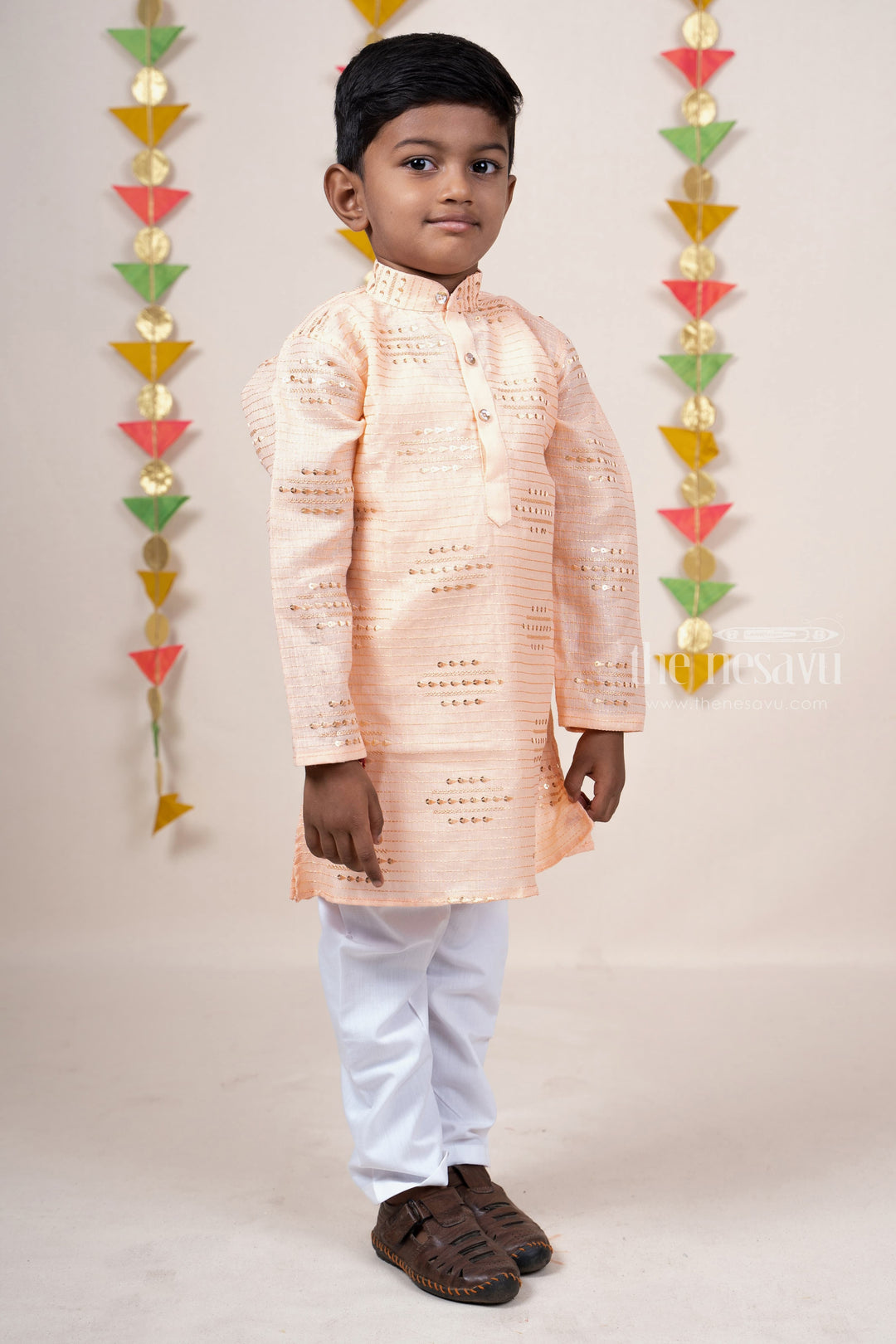 The Nesavu Boys Kurtha Set Sandal Self Textured Mandarin Collar Soft Semi Linen Kurta Suit For Baby Boys Nesavu 10 (NB) / Orange / Linen BES195A-10 Chikankari Kurta Suit For Baby Boys Online | Smart Wear Casual Ideas | The Nesavu