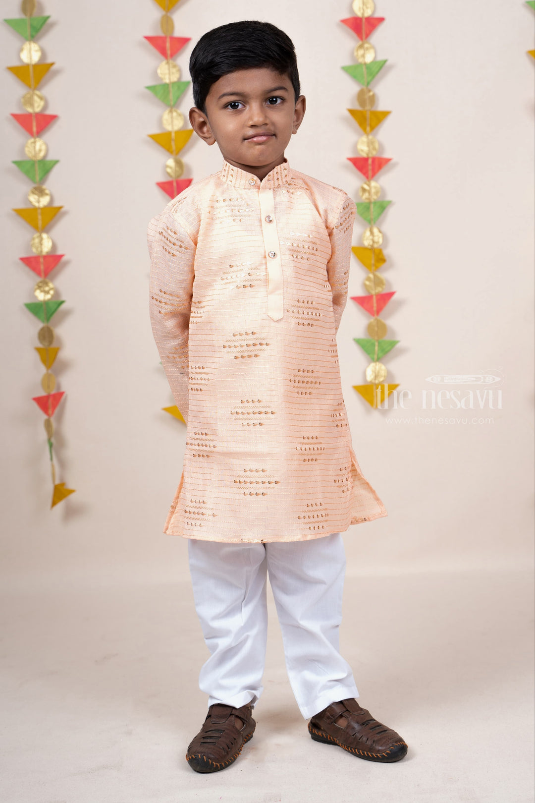 The Nesavu Boys Kurtha Set Sandal Self Textured Mandarin Collar Soft Semi Linen Kurta Suit For Baby Boys Nesavu Chikankari Kurta Suit For Baby Boys Online | Smart Wear Casual Ideas | The Nesavu