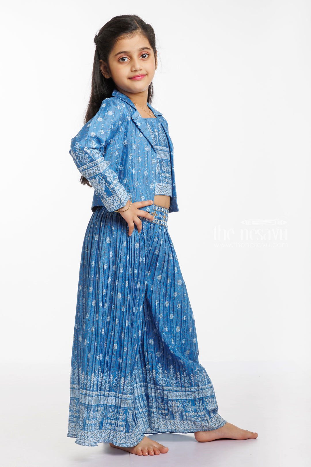 The Nesavu Girls Sharara / Plazo Set Sapphire Breeze: Chic Blue Crop Top, Overcoat, and Palazzo Set for Trendsetters Nesavu Buy Stylish Blue Crop Top with Palazzo Set | Fusion of Comfort and Elegance | The Nesavu