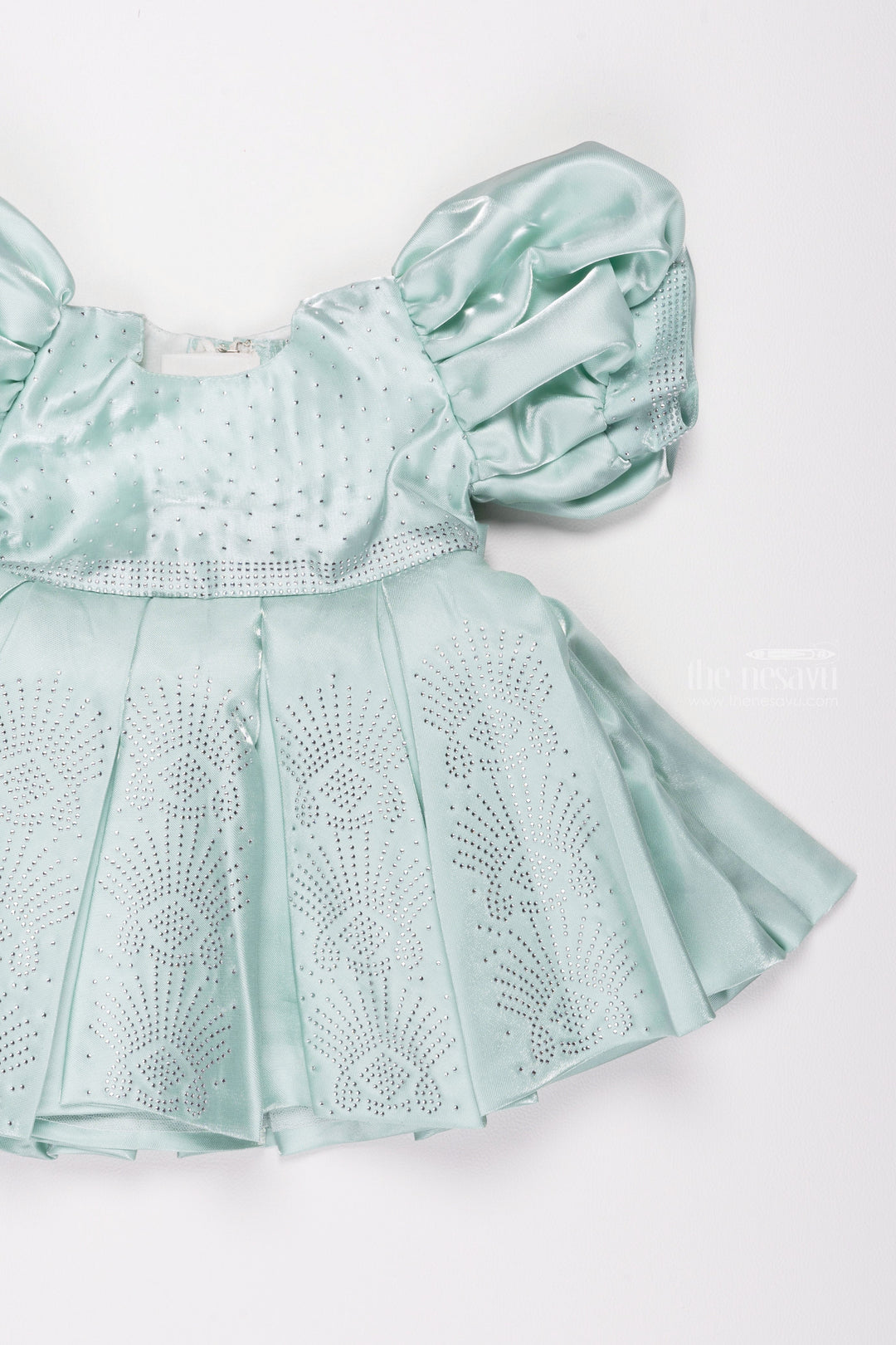 The Nesavu Girls Fancy Party Frock Sapphire Elegance: Sparkling Stone-Worked Box Pleated Organza Party Frock Nesavu Beautiful Baby Girl Party Frock | Exclusive Dresses for Young Girls | The Nesavu