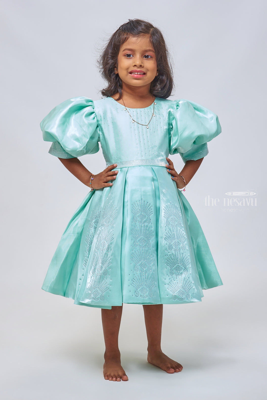 The Nesavu Girls Fancy Party Frock Sapphire Elegance: Sparkling Stone-Worked Box Pleated Organza Party Frock Nesavu Beautiful Baby Girl Party Frock | Exclusive Dresses for Young Girls | The Nesavu