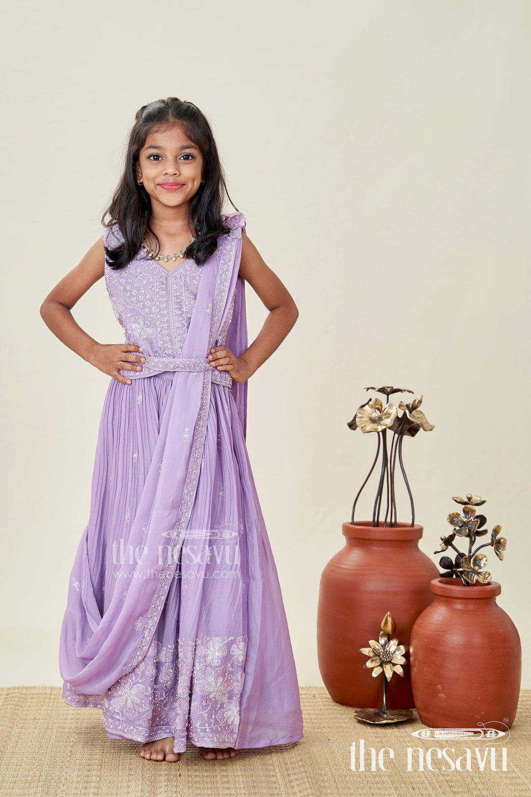 The Nesavu Girls Lehenga Choli Saree Style Lehenga for Girls Wedding and Partywear Set Nesavu 18 (2Y) / Purple GL681A-18 Nesavu Lavender Girls Saree Style Lehenga Designer Embroidery Weddings Festive Celebrations