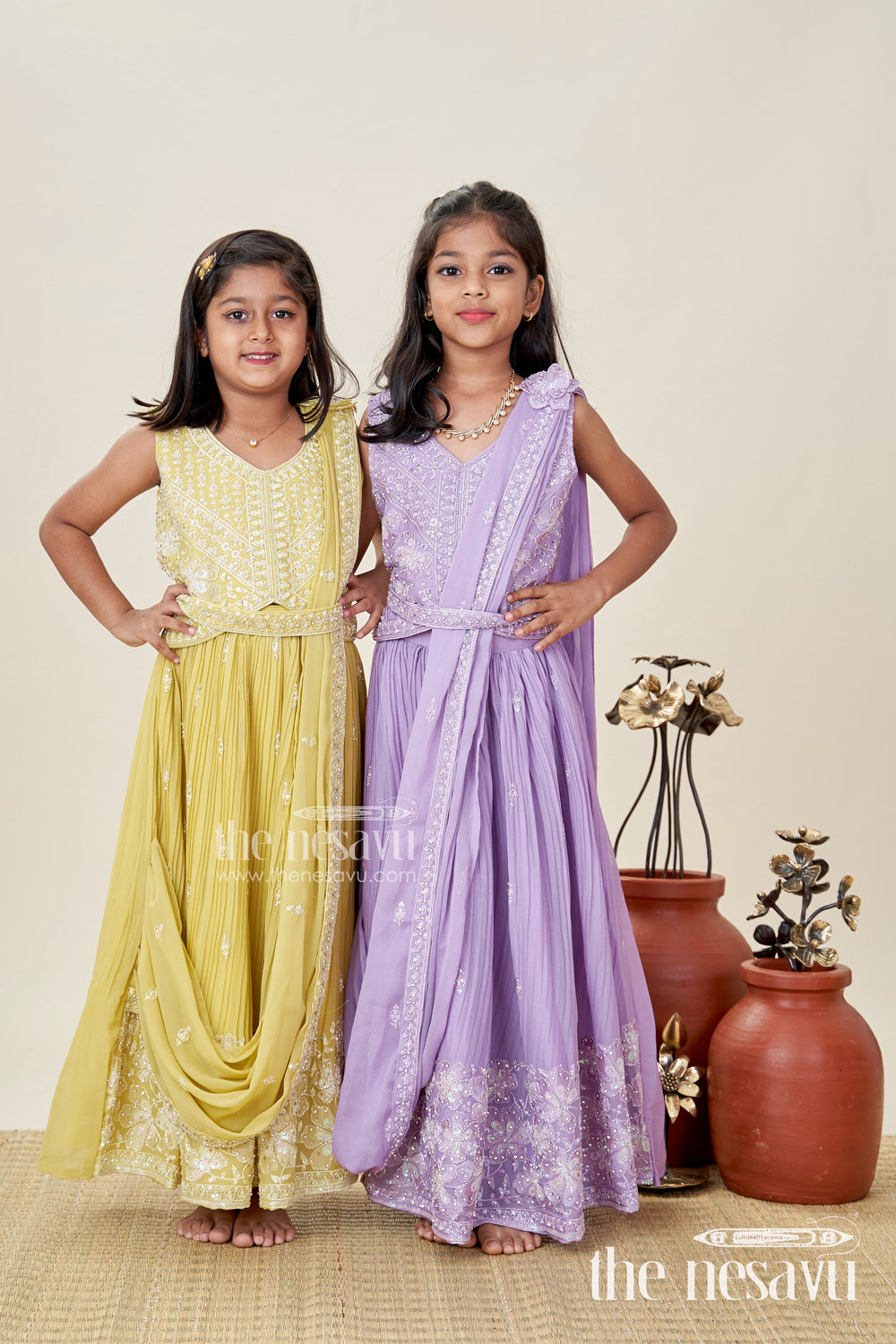 The Nesavu Girls Lehenga Choli Saree Style Lehenga for Girls Wedding and Partywear Set Nesavu Nesavu Lavender Girls Saree Style Lehenga Designer Embroidery Weddings Festive Celebrations