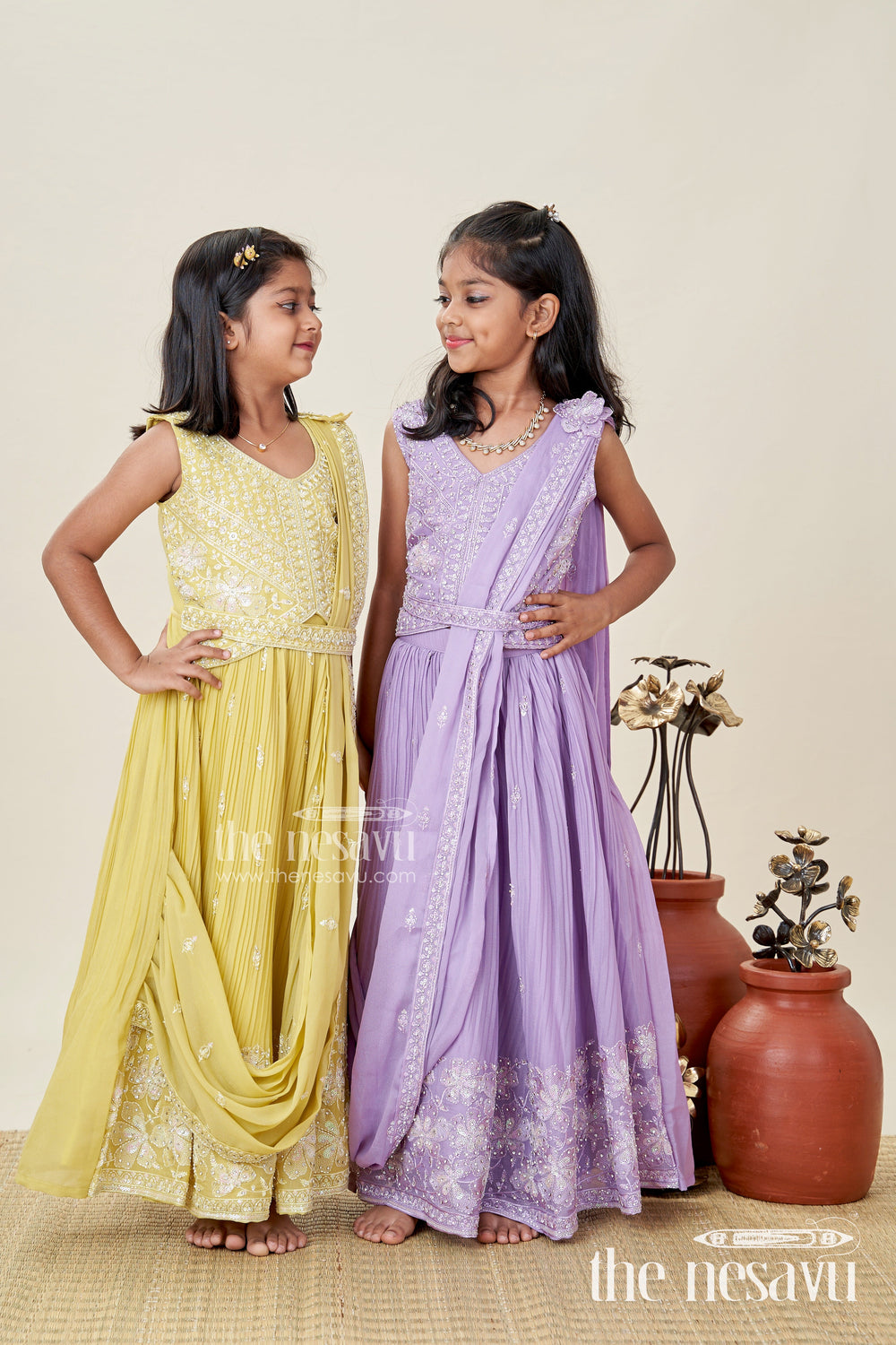 The Nesavu Girls Lehenga Choli Saree Style Lehenga for Girls Wedding and Partywear Set Nesavu Nesavu Lavender Girls Saree Style Lehenga Designer Embroidery Weddings Festive Celebrations