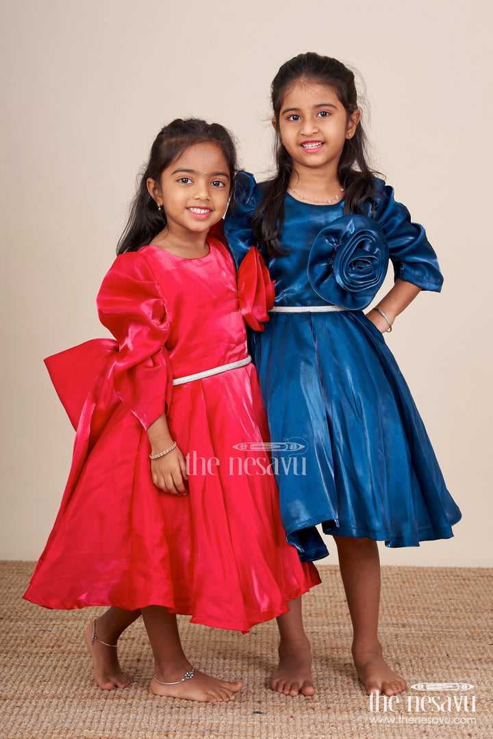 The Nesavu Girls Fancy Party Frock Satin Girls Party Frock with Stone Embellished Belt and Matching Bow Nesavu Nesavu satin girls birthday party frock embellished belt bow