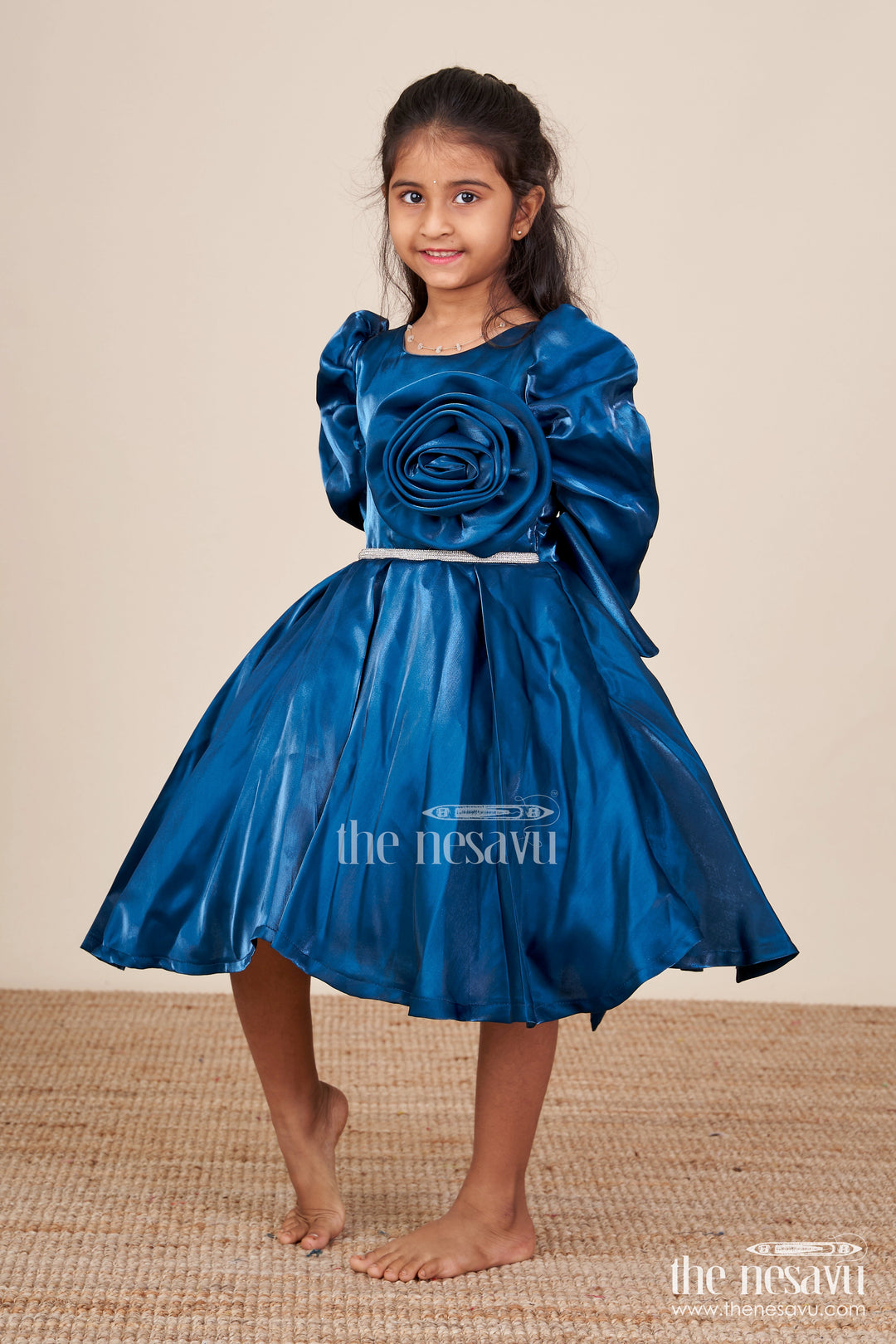 The Nesavu Girls Fancy Party Frock Satin Girls Party Frock with Stone Embellished Belt and Matching Bow Nesavu Nesavu satin girls birthday party frock embellished belt bow
