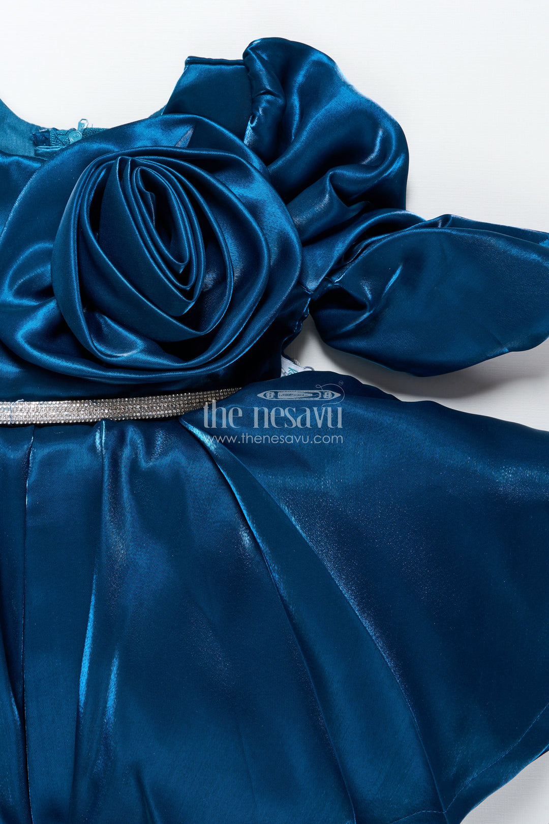 The Nesavu Girls Fancy Party Frock Satin Girls Party Frock with Stone Embellished Belt and Matching Bow Nesavu Nesavu satin girls birthday party frock embellished belt bow