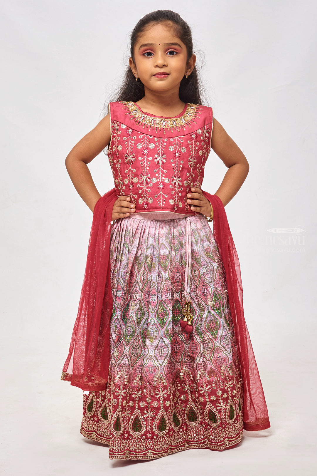 The Nesavu Girls Lehenga Choli Scarlet Elegance: Sequin & Zari Adorned Red Top with Ogee Printed Pleated Lehenga and Dupatta Ensemble for Girls Nesavu 18 (2Y) / Red / Chinnon GL370-18 Fancy Lehenga Choli for Girls | Children Lehenga Choli with Dupatta | The Nesavu