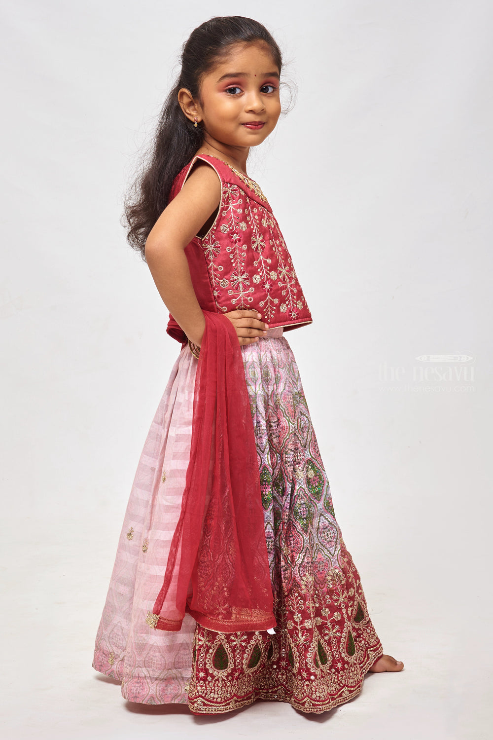 The Nesavu Girls Lehenga Choli Scarlet Elegance: Sequin & Zari Adorned Red Top with Ogee Printed Pleated Lehenga and Dupatta Ensemble for Girls Nesavu Fancy Lehenga Choli for Girls | Children Lehenga Choli with Dupatta | The Nesavu