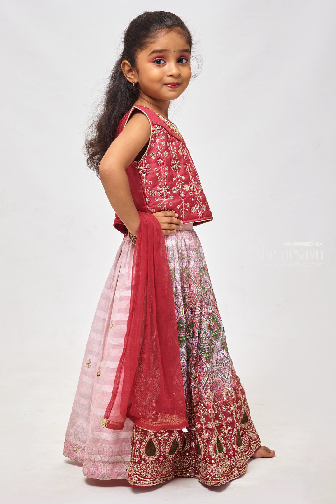 The Nesavu Girls Lehenga Choli Scarlet Elegance: Sequin & Zari Adorned Red Top with Ogee Printed Pleated Lehenga and Dupatta Ensemble for Girls Nesavu Fancy Lehenga Choli for Girls | Children Lehenga Choli with Dupatta | The Nesavu