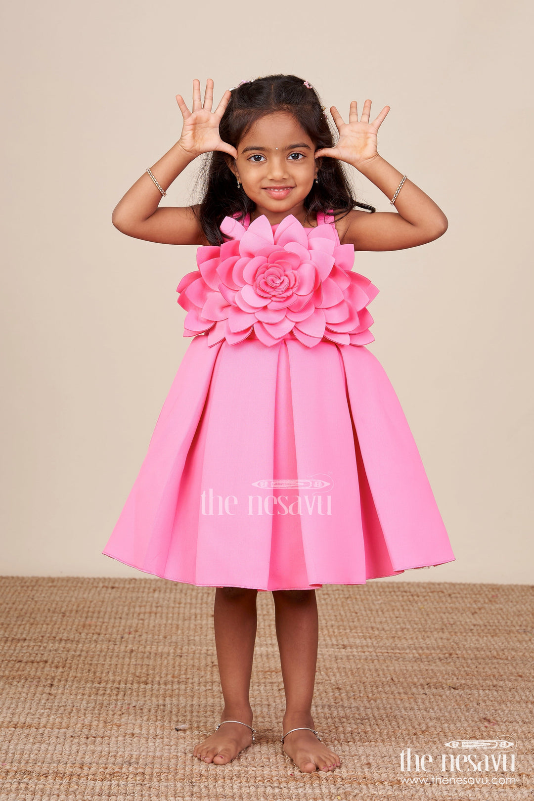The Nesavu Girls Fancy Party Frock Scuba Frock for Baby Girls with Floral Yoke for Birthdays and Special Occasions Nesavu 16 (1Y) / Pink PF252B-16 Nesavu floral yoke scuba frock baby girls  ideal birthday parties festive occasions