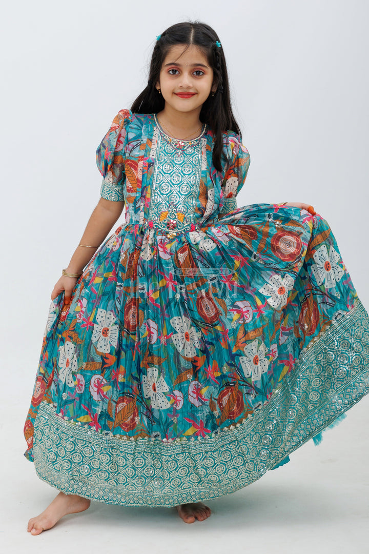 The Nesavu Girls Party Gown Sea Green Chinon Print Gown with Waist Embroidery Nesavu 24 (5Y) / Green GA246A-24 Sea Green Chinon Print Gown with Waist Embroidery - Nesavu