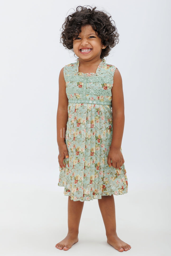 The Nesavu Baby Cotton Frocks Sea Green Cotton Frock with Embroidered Neckline and Floral Print Nesavu 14 (6M) / Sea Green BFJ592A-14 Sea Green Cotton Frock with Embroidered Neckline and Floral Print - Nesavu