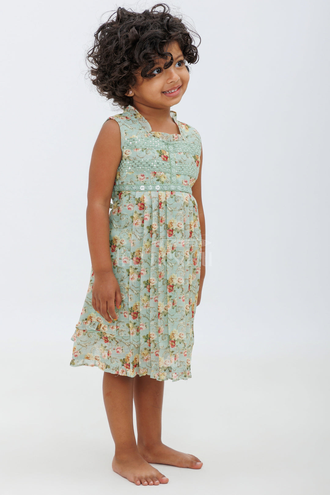 The Nesavu Baby Cotton Frocks Sea Green Cotton Frock with Embroidered Neckline and Floral Print Nesavu Sea Green Cotton Frock with Embroidered Neckline and Floral Print - Nesavu