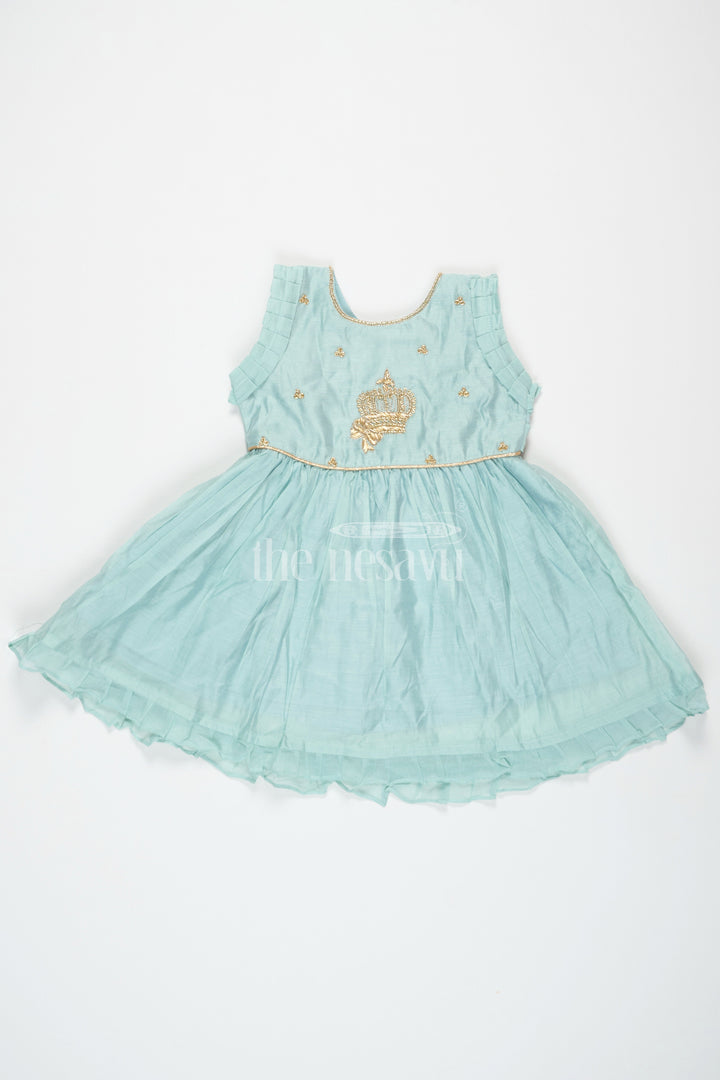 The Nesavu Girls Fancy Frock Sea Green Fancy Frock for Girls – Party Wear Sleeveless Dress with Gold Embroidery Nesavu 12 (3M) / Sea Green GFC1429A-12 Sea Green Party Wear Frock Infants Gold Embroidery Sleeveless Design Nesavu