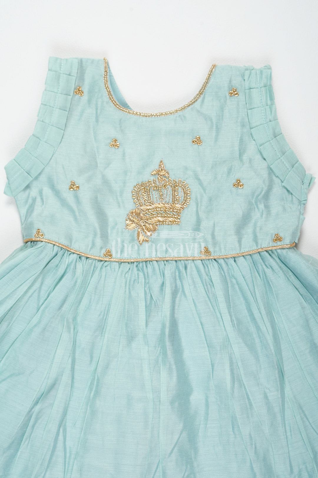 The Nesavu Girls Fancy Frock Sea Green Fancy Frock for Girls – Party Wear Sleeveless Dress with Gold Embroidery Nesavu Sea Green Party Wear Frock Infants Gold Embroidery Sleeveless Design Nesavu