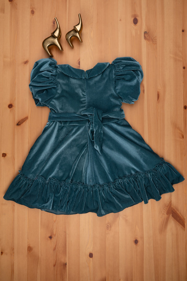 The Nesavu Frocks & Dresses Sea Green Velvet Baby Girl Frock - Flared Sleeves & Bow Applique Nesavu Baby Frock for Girls | Girls Designer Frock | The Nesavu