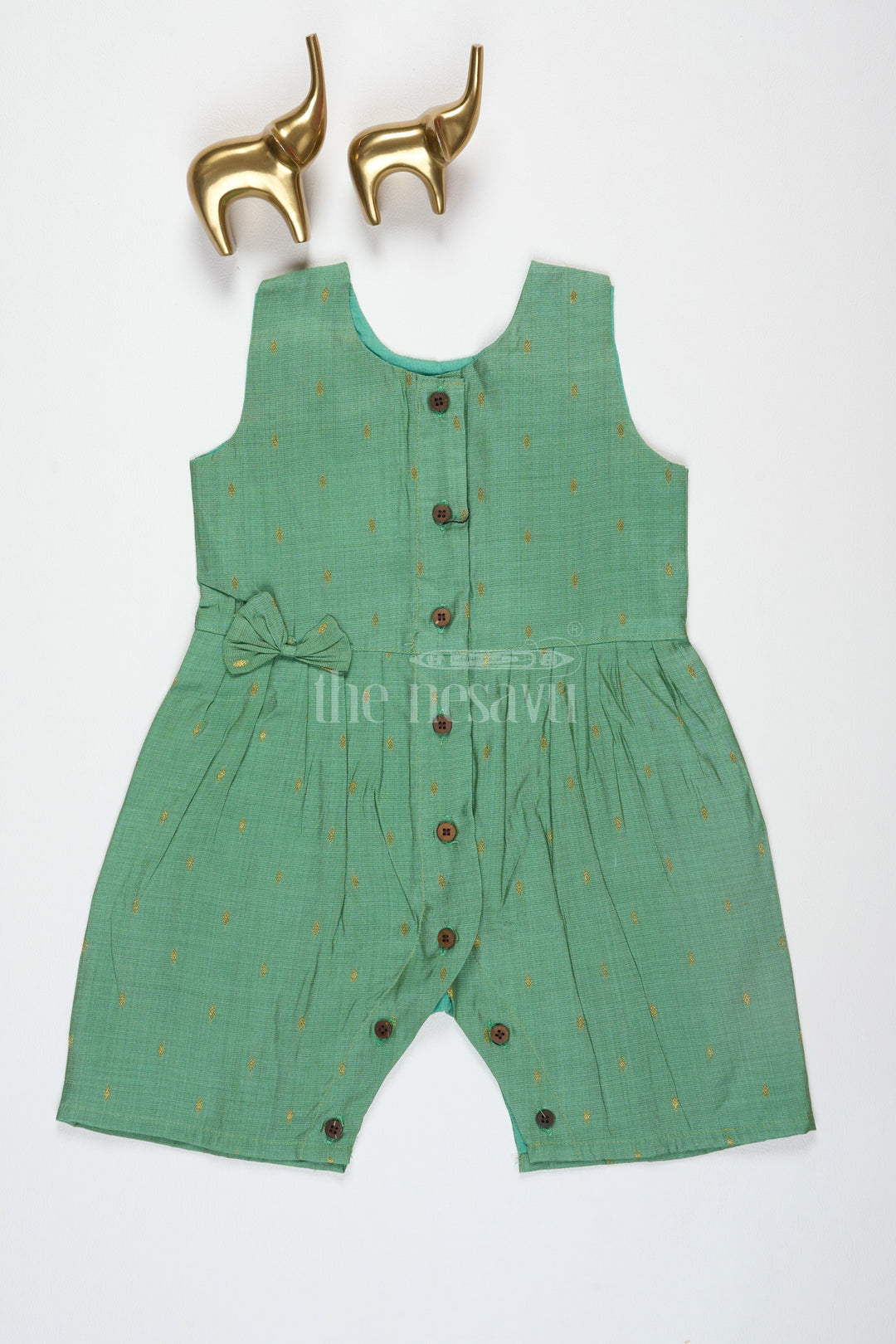 The Nesavu Girls Jumpsuit Sea Green Viscose Silk Blend Ethnic Baby Jumpsuit with Front Button Fastening Nesavu 12 (3M) / Green BFJ618A-12 Sea Green Viscose Silk Blend Ethnic Baby Jumpsuit with Front Button Fastening Nesavu