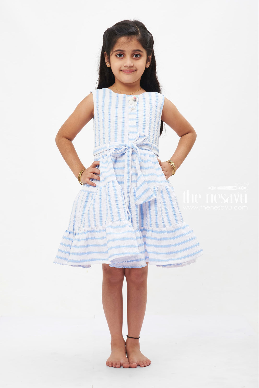 The Nesavu Girls Fancy Frock Seaside Serenity Striped Cotton Dress: Refreshing Blue and White with Tie Waist for Girls Nesavu 22 (4Y) / Blue GFC1213B-22 Girls' Blue Stripe Cotton Summer Dress | Casual Chic Frock for Kids | The Nesavu