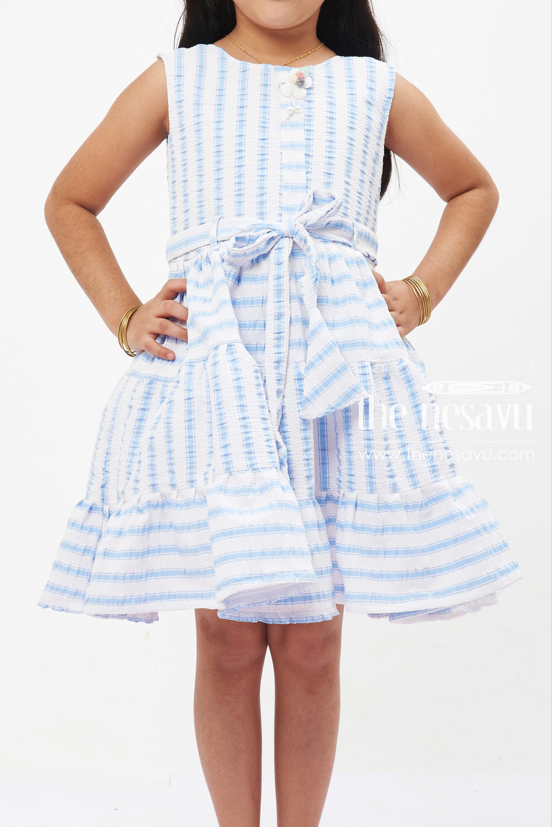 The Nesavu Girls Fancy Frock Seaside Serenity Striped Cotton Dress: Refreshing Blue and White with Tie Waist for Girls Nesavu Girls' Blue Stripe Cotton Summer Dress | Casual Chic Frock for Kids | The Nesavu