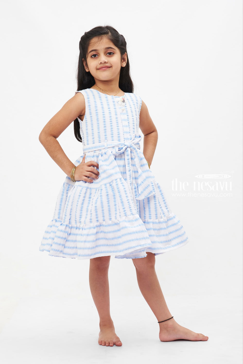 The Nesavu Girls Fancy Frock Seaside Serenity Striped Cotton Dress: Refreshing Blue and White with Tie Waist for Girls Nesavu Girls' Blue Stripe Cotton Summer Dress | Casual Chic Frock for Kids | The Nesavu