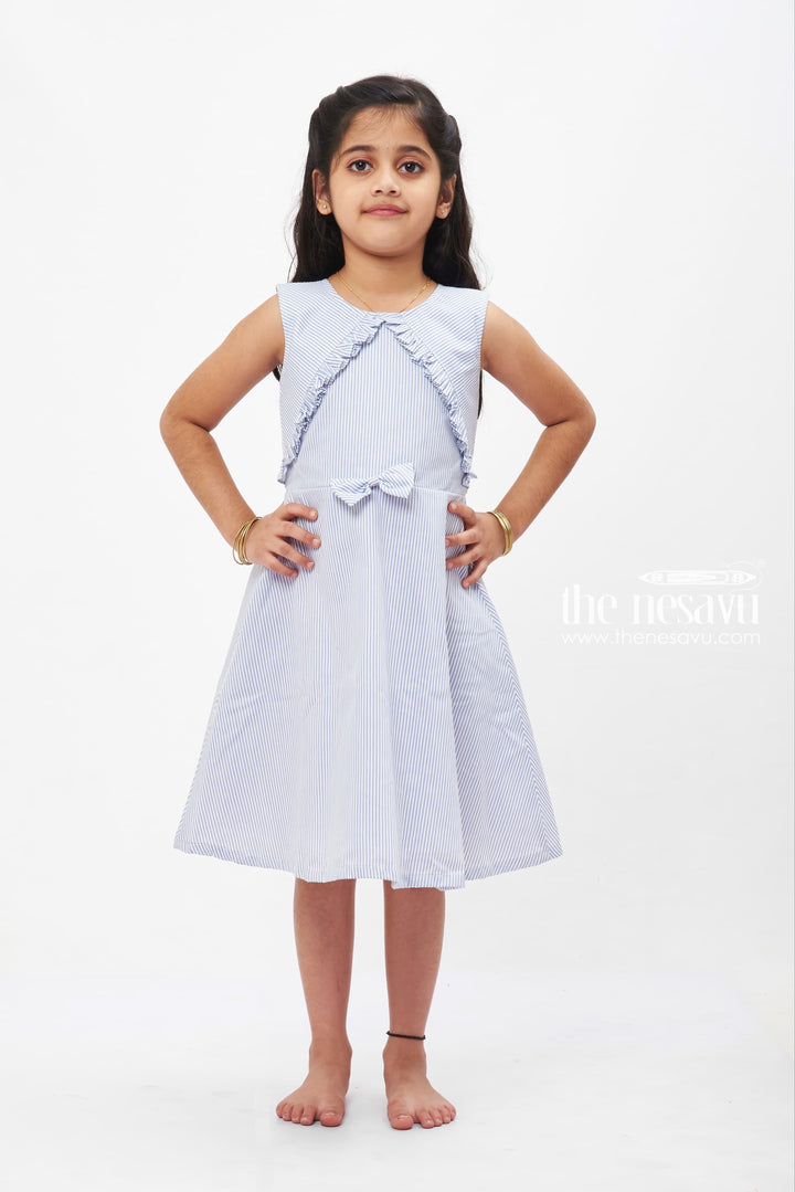 The Nesavu Girls Fancy Frock Seaside Serenity Striped Cotton Frock for Girls Nesavu 18 (2Y) / Blue GFC1207C-18 Girls Casual Blue Striped Cotton Dress | Summer Playtime Frock | The Nesavu