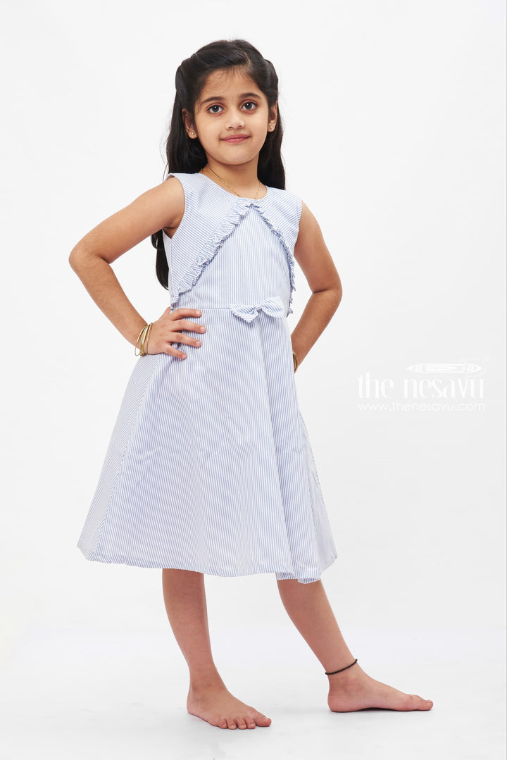 The Nesavu Girls Fancy Frock Seaside Serenity Striped Cotton Frock for Girls Nesavu Girls Casual Blue Striped Cotton Dress | Summer Playtime Frock | The Nesavu