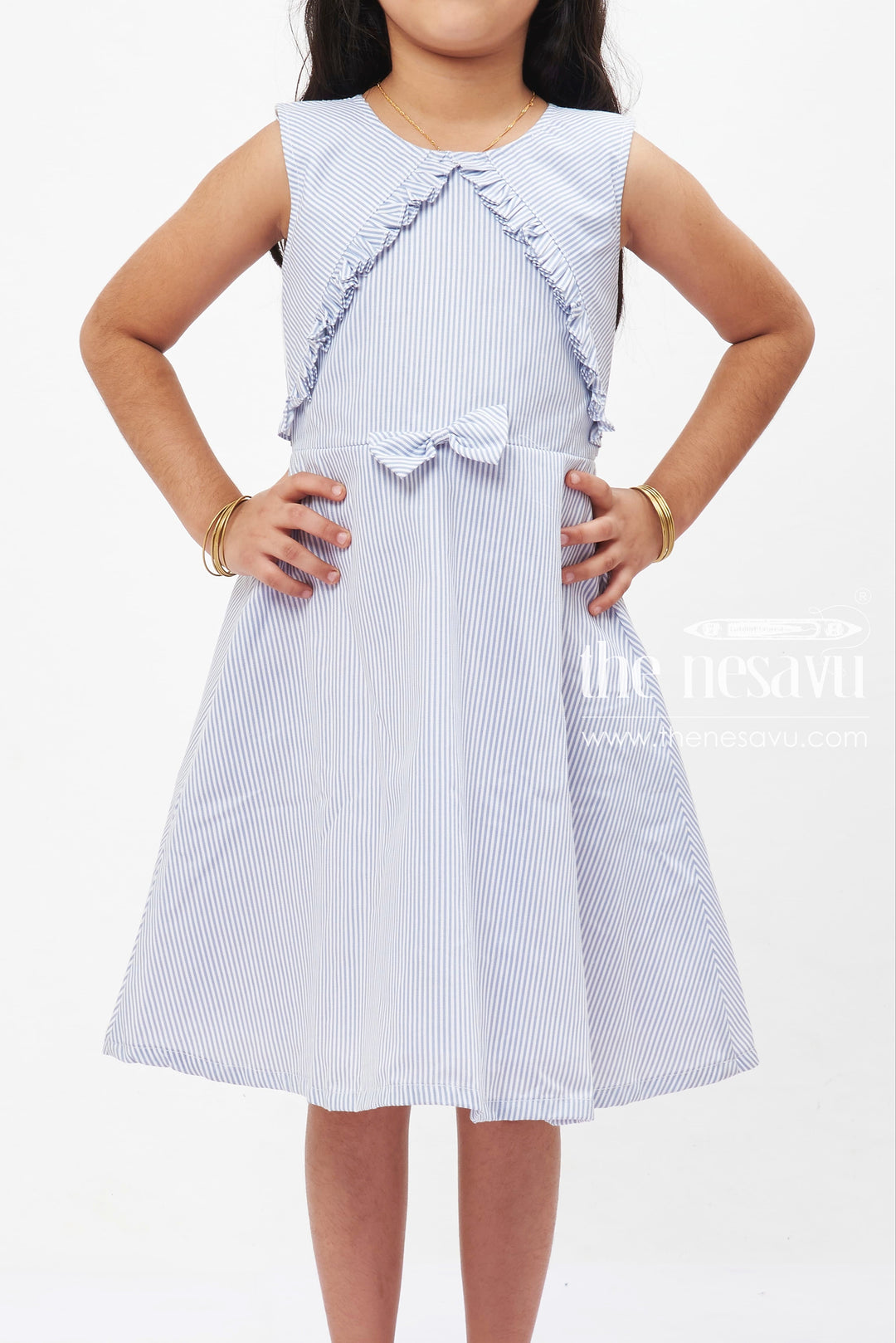 The Nesavu Girls Fancy Frock Seaside Serenity Striped Cotton Frock for Girls Nesavu Girls Casual Blue Striped Cotton Dress | Summer Playtime Frock | The Nesavu