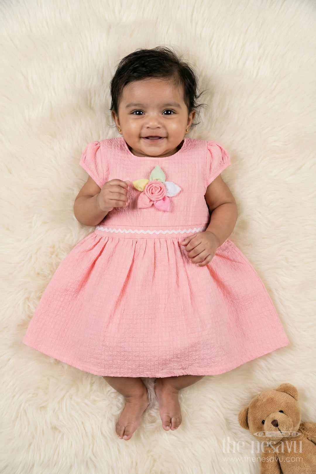 The Nesavu Girls Cotton Frock Seersucker Cotton Frock for Baby Girls’ Day-out Essentials Nesavu 14 (6M) / Peach / Cotton BFJ918B-14 Nesavu baby girl seersucker frock with flower applique and puff sleeves for casual outings