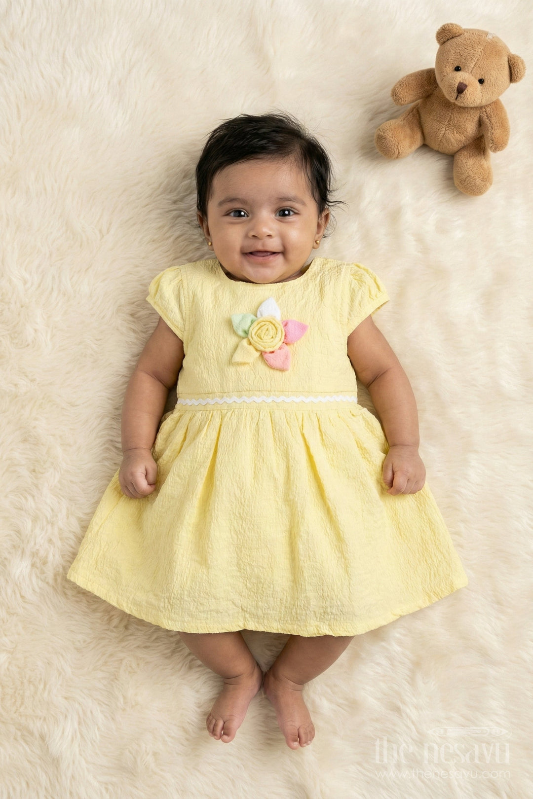 The Nesavu Girls Cotton Frock Seersucker Cotton Frock for Baby Girls’ Summer Days Nesavu 14 (6M) / Yellow / Cotton BFJ918A-14 Nesavu baby girl summer frock in seersucker cotton with floral applique and puff sleeves