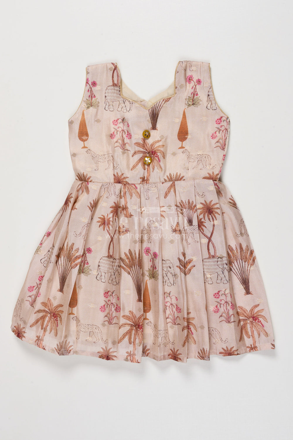 The Nesavu Silk Frock Semi Banaras Silk Frock for Baby Girl for Birthdays and Festive Photoshoots Nesavu 18 (2Y) / Cream SF1067B-18 Nesavu semi banaras silk frock for baby girl with jungle print for birthday and festive wear