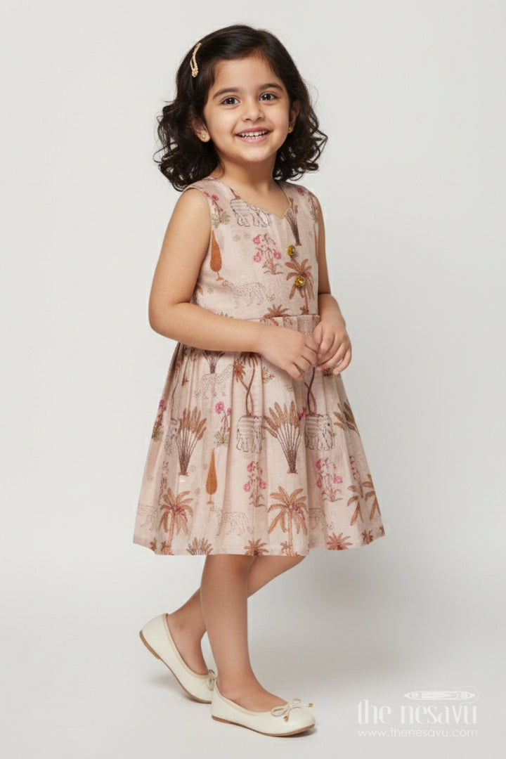 The Nesavu Silk Frock Semi Banaras Silk Frock for Baby Girl for Birthdays and Festive Photoshoots Nesavu 18 (2Y) / Cream SF1067B-18 Nesavu semi banaras silk frock for baby girl with jungle print for birthday and festive wear