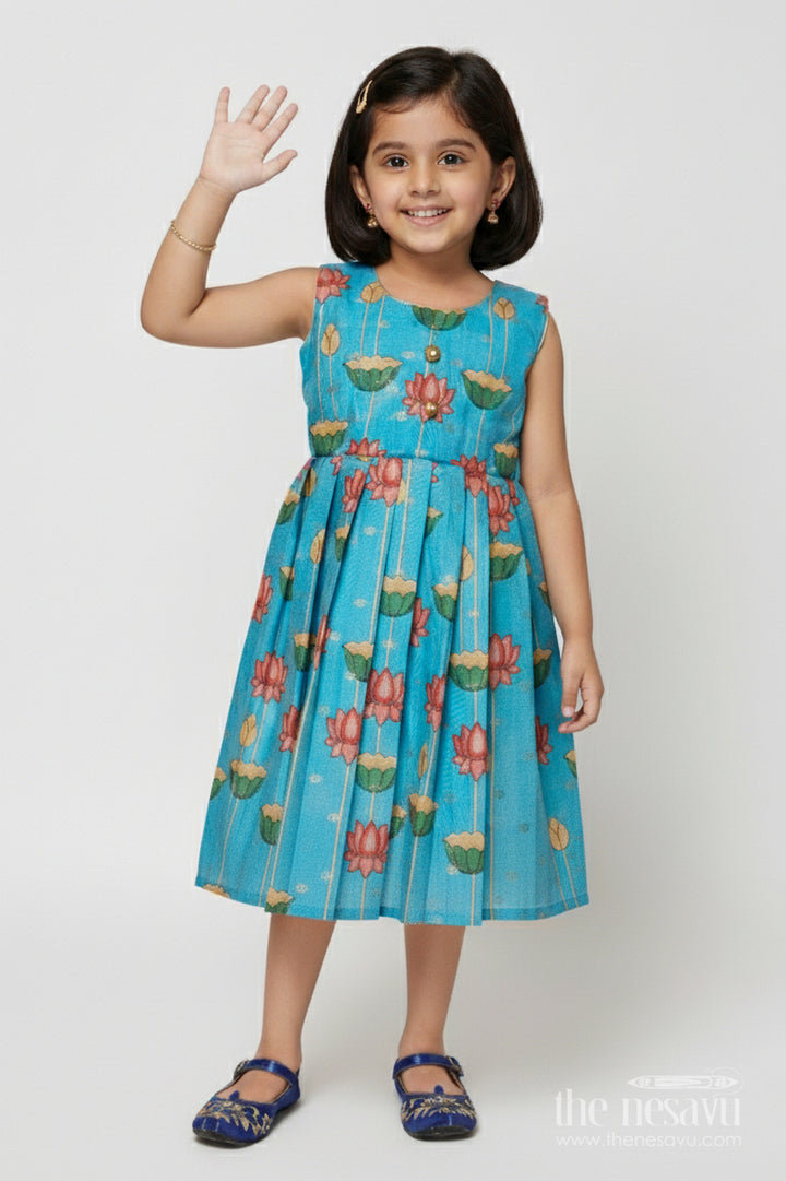 The Nesavu Silk Frock Semi Banaras Silk Frock for Girls for Temple Visits and Ethnic School Days Nesavu 18 (2Y) / Blue SF1092A-18 Nesavu girls semi banaras silk frock with lotus digital print for poojas and ethnic day at school