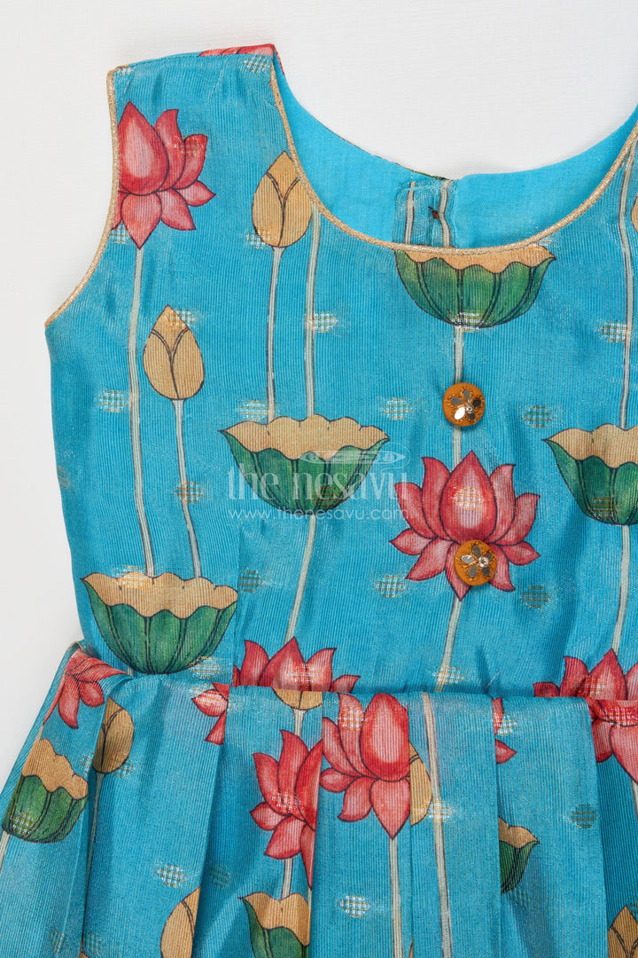 The Nesavu Silk Frock Semi Banaras Silk Frock for Girls for Temple Visits and Ethnic School Days Nesavu Nesavu girls semi banaras silk frock with lotus digital print for poojas and ethnic day at school