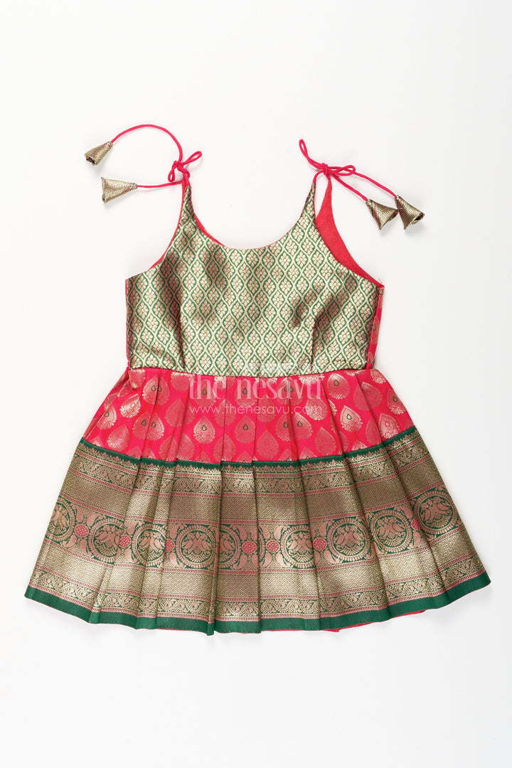 The Nesavu Tie-up Frock Semi Banaras Silk Tie-Up Frock for Baby Girl Green and Red Ethnic Dress Nesavu 14 (6M) / Green / Style 1 T411A-14 Nesavu semi Banaras silk frock for baby girl – red and green ethnic tie-up dress for celebrations