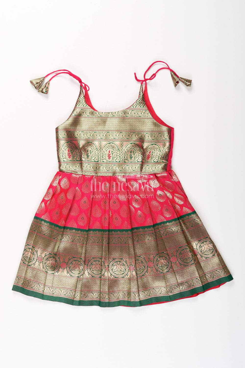 The Nesavu Tie-up Frock Semi Banaras Silk Tie-Up Frock for Baby Girl Green and Red Ethnic Dress Nesavu 14 (6M) / Green / Style 2 T411B-14 Nesavu semi Banaras silk frock for baby girl – red and green ethnic tie-up dress for celebrations