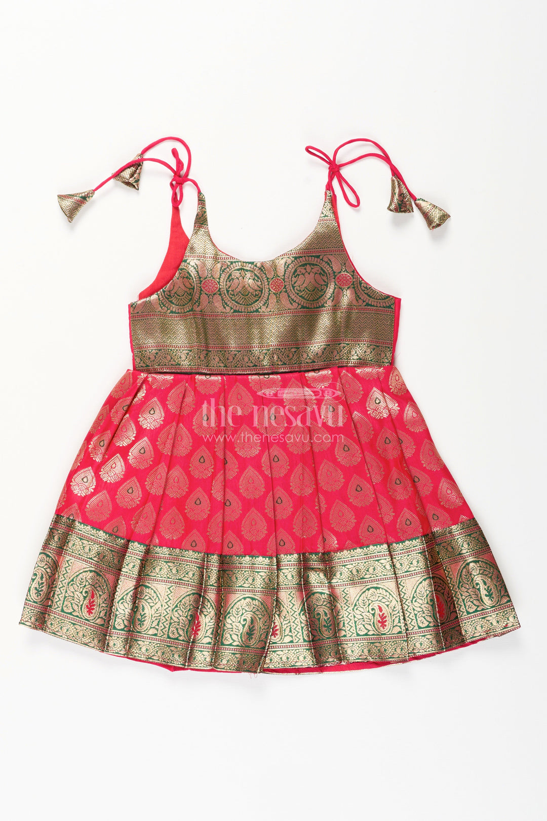 The Nesavu Tie-up Frock Semi Banaras Silk Tie-Up Frock for Baby Girl Green and Red Ethnic Dress Nesavu 14 (6M) / Green / Style 3 T411C-14 Nesavu semi Banaras silk frock for baby girl – red and green ethnic tie-up dress for celebrations