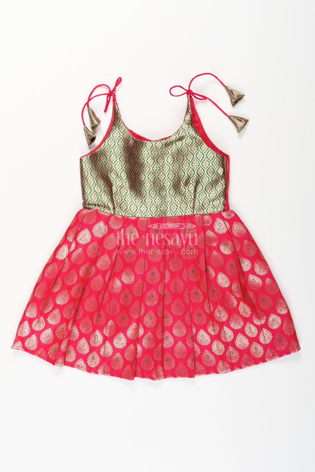 The Nesavu Tie-up Frock Semi Banaras Silk Tie-Up Frock for Baby Girl Green and Red Ethnic Dress Nesavu 14 (6M) / Green / Style 4 T411D-14 Nesavu semi Banaras silk frock for baby girl – red and green ethnic tie-up dress for celebrations