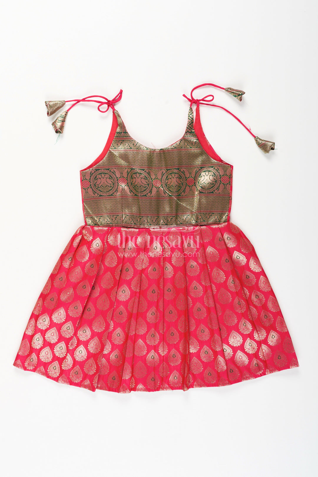 The Nesavu Tie-up Frock Semi Banaras Silk Tie-Up Frock for Baby Girl Green and Red Ethnic Dress Nesavu 14 (6M) / Green / Style 5 T411E-14 Nesavu semi Banaras silk frock for baby girl – red and green ethnic tie-up dress for celebrations