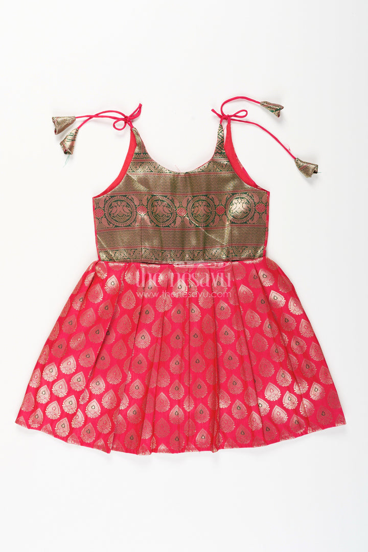 The Nesavu Tie-up Frock Semi Banaras Silk Tie-Up Frock for Baby Girl Green and Red Ethnic Dress Nesavu 14 (6M) / Green / Style 5 T411E-14 Nesavu semi Banaras silk frock for baby girl – red and green ethnic tie-up dress for celebrations